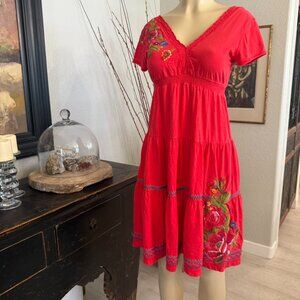 JW Los Angeles RED SUMMER DRESS v neck short sleeve below knee in length